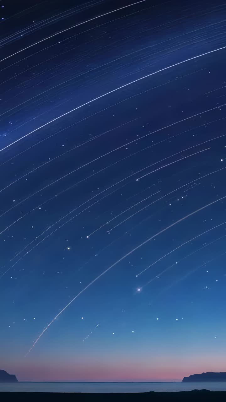 Vertical video: Starting dusk capture, lens capturing star trails over coastal silhouette, calm sea