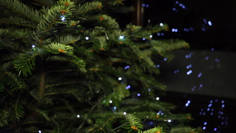 toma estática del árbol de navidad con luces de cadena led reflejadas en el fondo de la ventana y extracción de enfoque