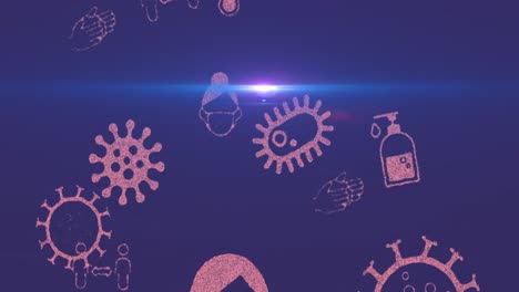 Animation-of-multiple-falling-icons-over-lens-flares-against-blue-background