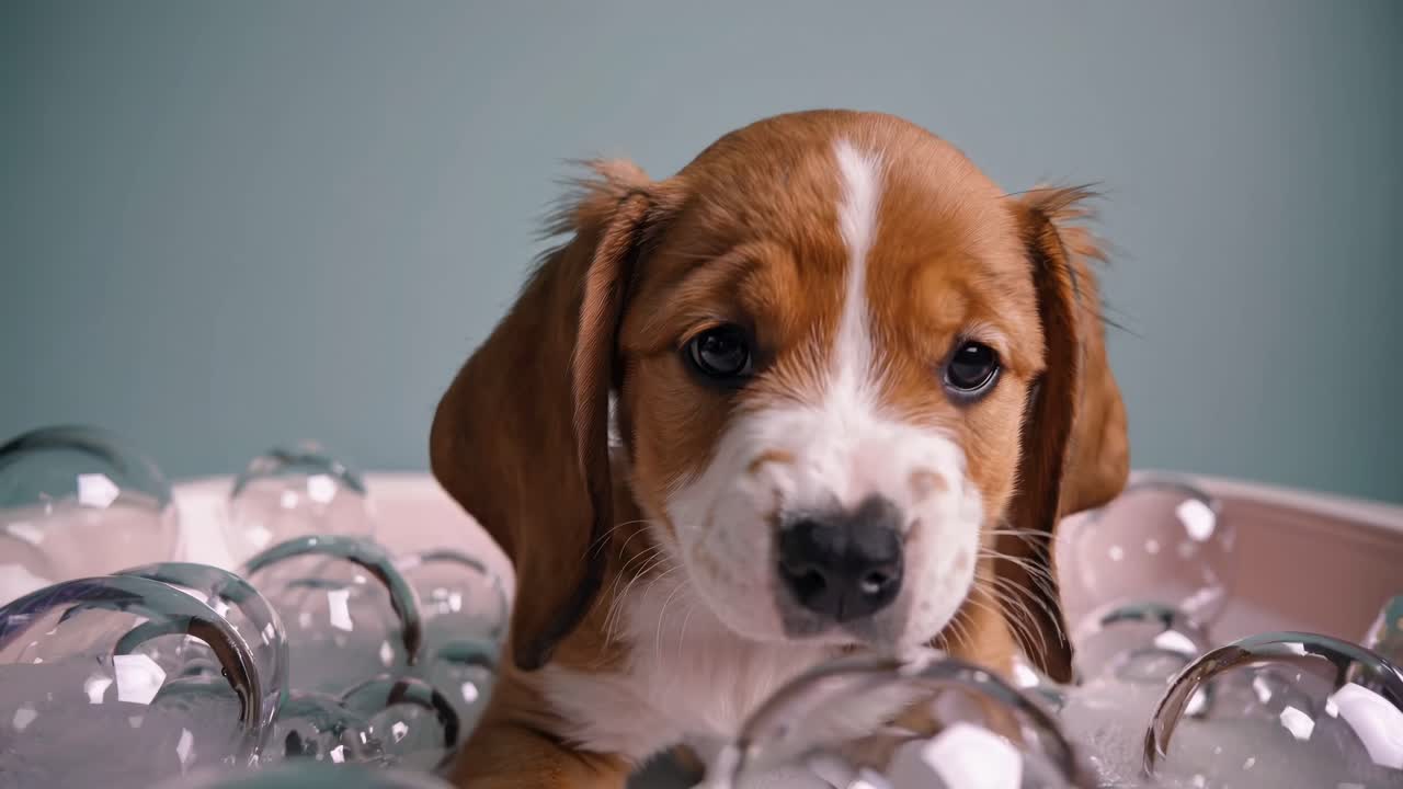 Playful video concept of a dog peeking through bubbles in a bathtub