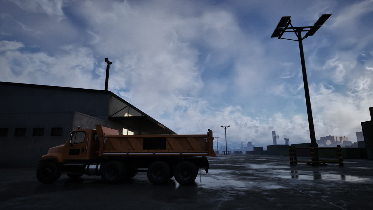 밤 에 창고 앞 에 주차 된 덤프 트럭