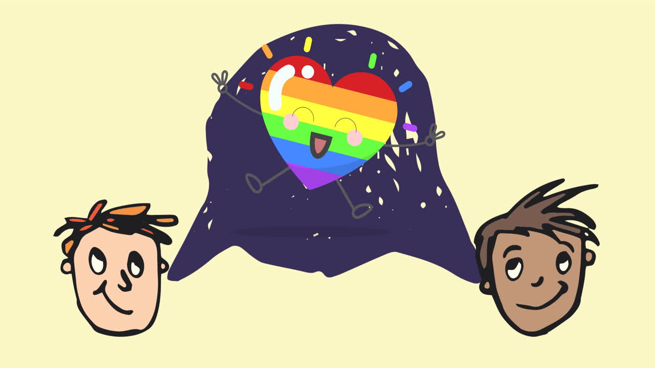 Animation of male face icons and rainbow heart on green background