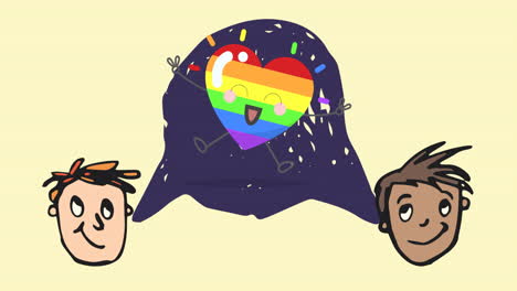 animation of male face icons and rainbow heart on green background