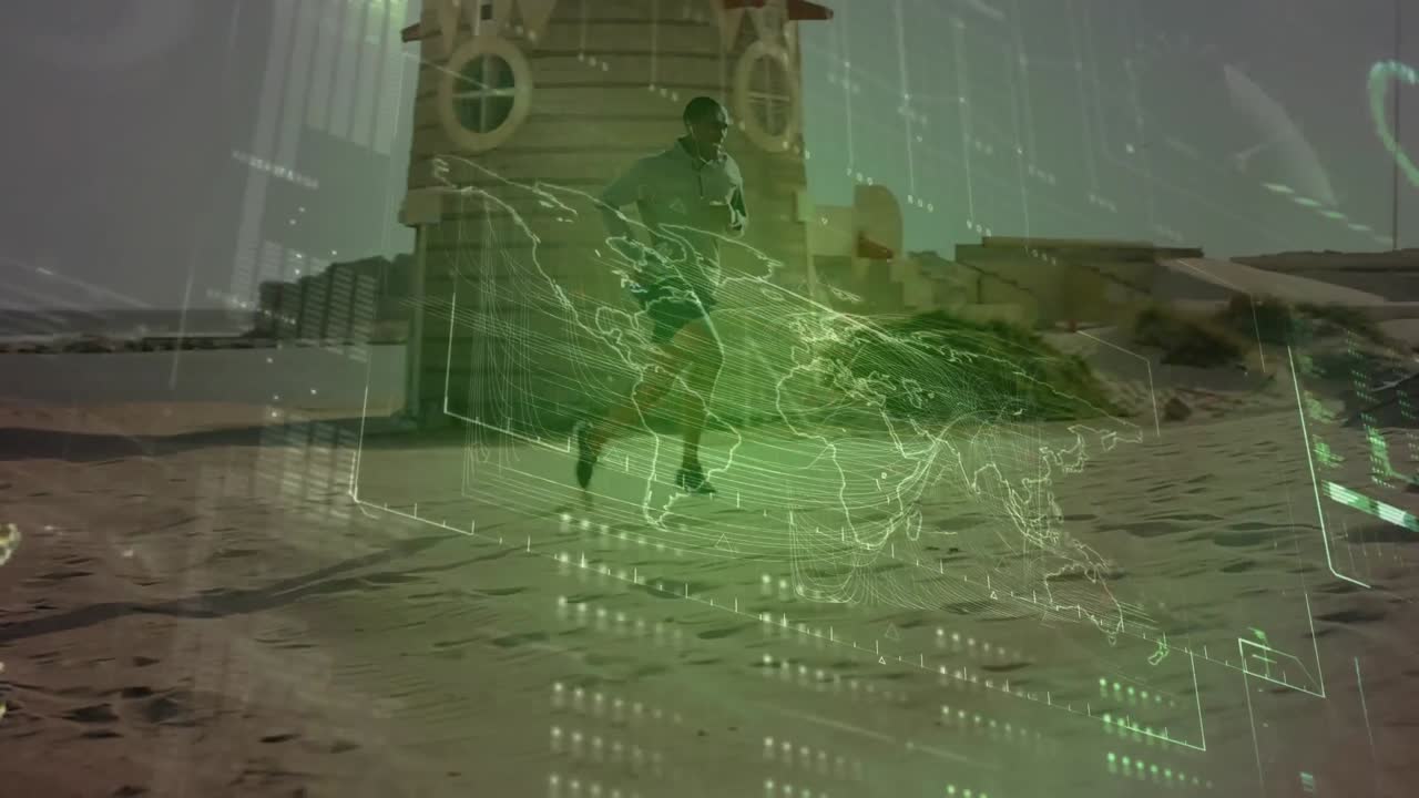 해변에서 달리는 적합한 사람에 대한 데이터 처리 애니메이션