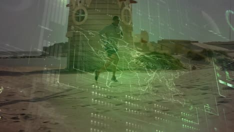animación del procesamiento de datos sobre un hombre en forma corriendo en la playa