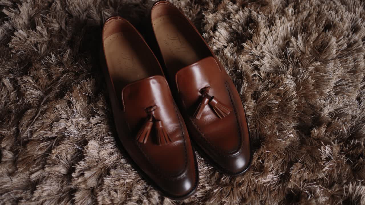 Elegant brown loafers with tassels on soft textured rug under warm natural light