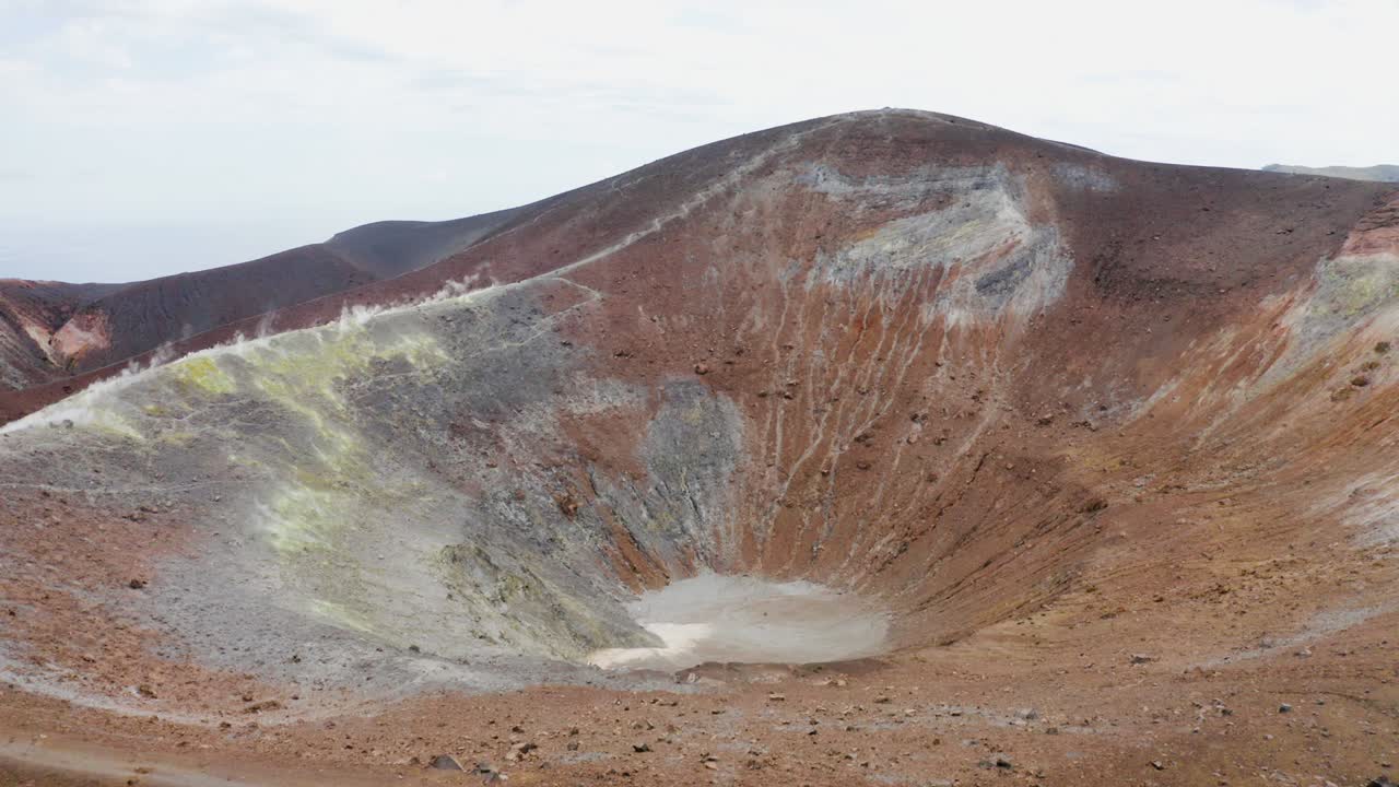 시칠리아에 있는 화산 섬에 있는 황성 연기가 있는 화산 분화구 위를 날아다니는 공중 사진.
