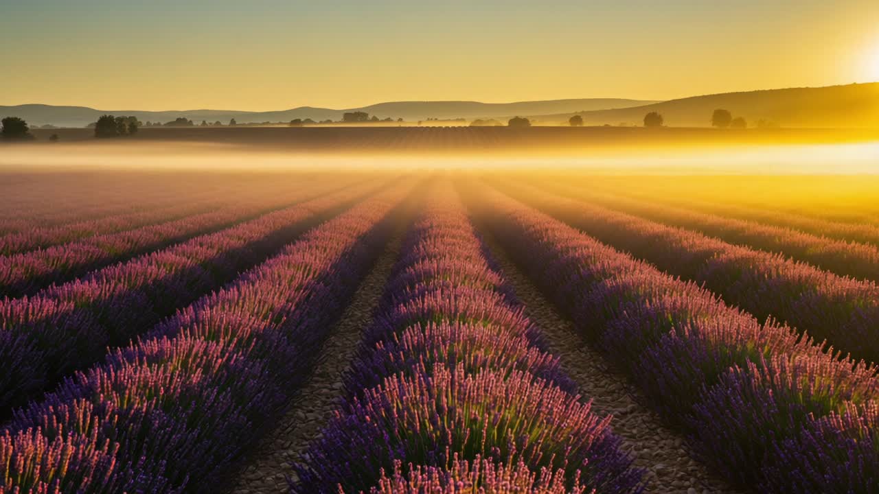 Captivating Lavender Fields Bathed in Golden Sunrise: A Serene Landscape Showcasing Rows of Vibrant Purple Blossoms Under a Gentle Morning Light