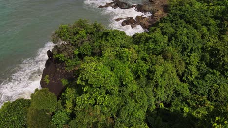 Ocean-top-view-waves-tide-splashing-against-rocky-island-treetop-canopy-coastline-aerial-view-moving-forwards