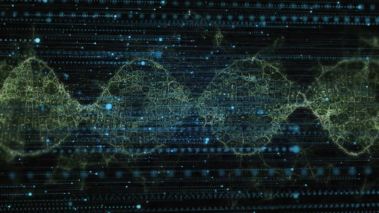 Faint data streams drifting rightward sparking nodes forming DNA helix fragmenting into particles