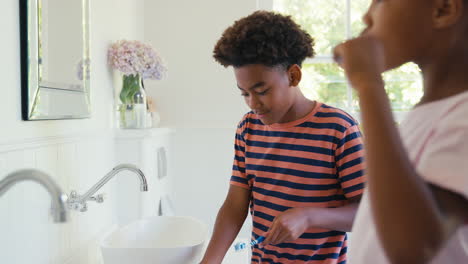 hermano y hermana sentados en el baño en casa cepillándose los dientes juntos