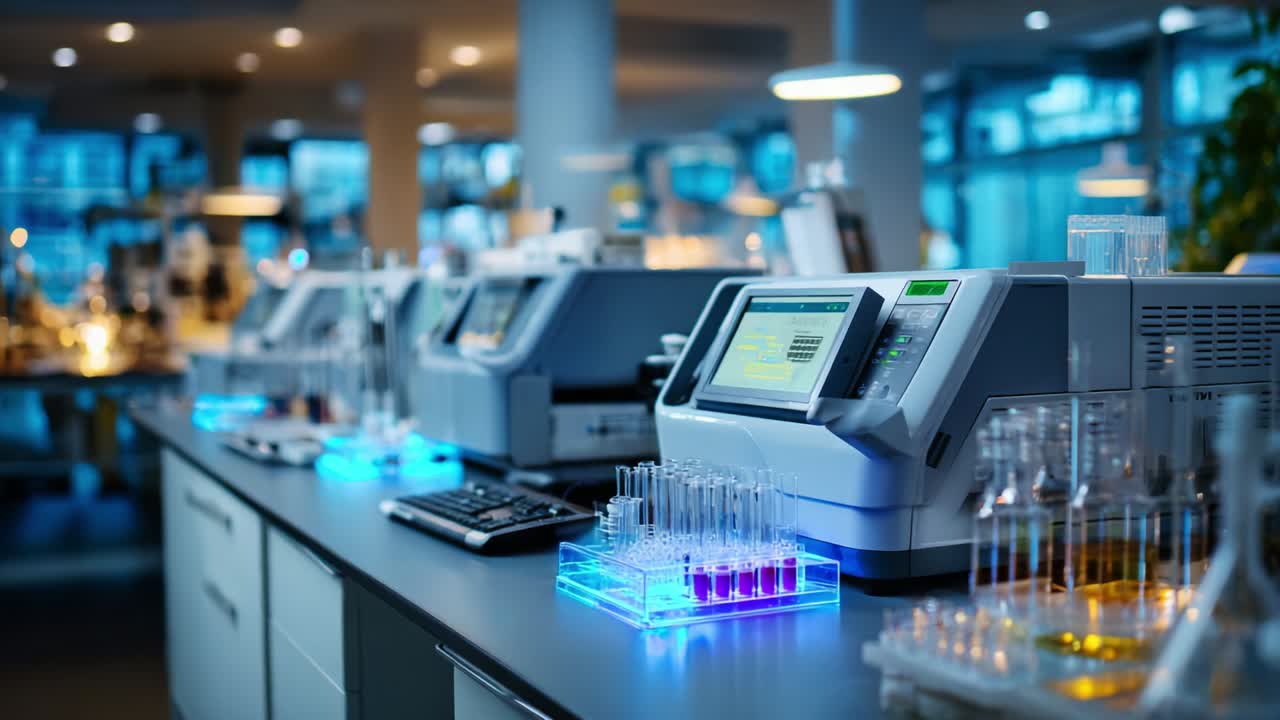 A state-of-the-art laboratory setup showcasing high-tech analytical equipment and glowing sample racks, emphasizing advanced scientific research and innovation in the field of chemistry and biology