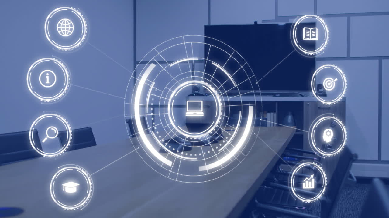 iconas de interfaz digital animación sobre sala de conferencias moderna con mesa y sillas