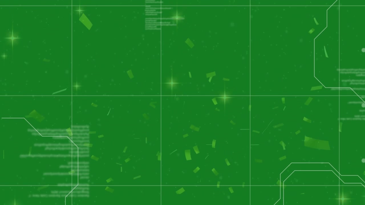 Animation of data processing over stars and confetti on green background