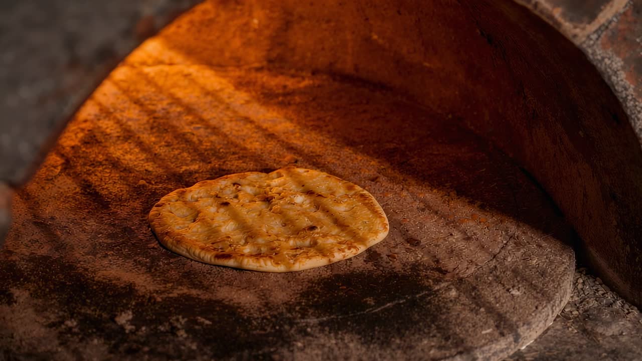 Glowing oven heat baking round flatbread, puffing and browning on stone hearth under brick arch