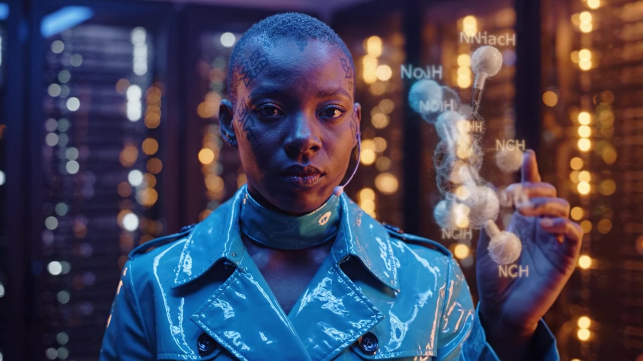 A futuristic character in a shiny blue coat stands confidently against a backdrop of high-tech servers, with molecular structures visualized beside her, exuding innovation.