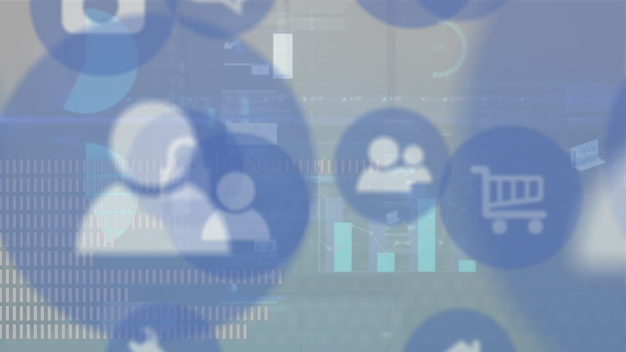 여러 디지털 아이콘의 애니메이션과 회색 배경에 대한 통계 데이터 처리