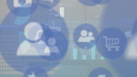 animación de múltiples iconos digitales y procesamiento de datos estadísticos contra un fondo gris