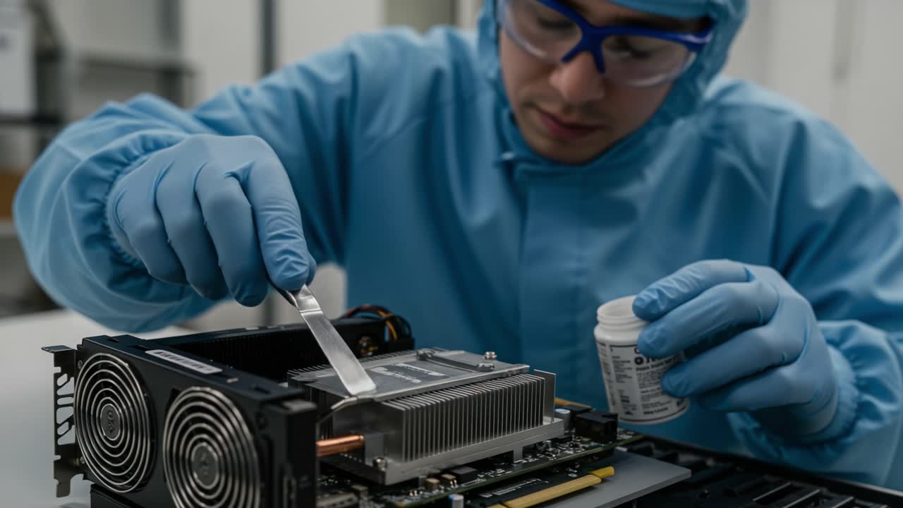Technician Applying Thermal Paste on a Computer Component in a Controlled Environment with Focused Precision and Attention to Detail
