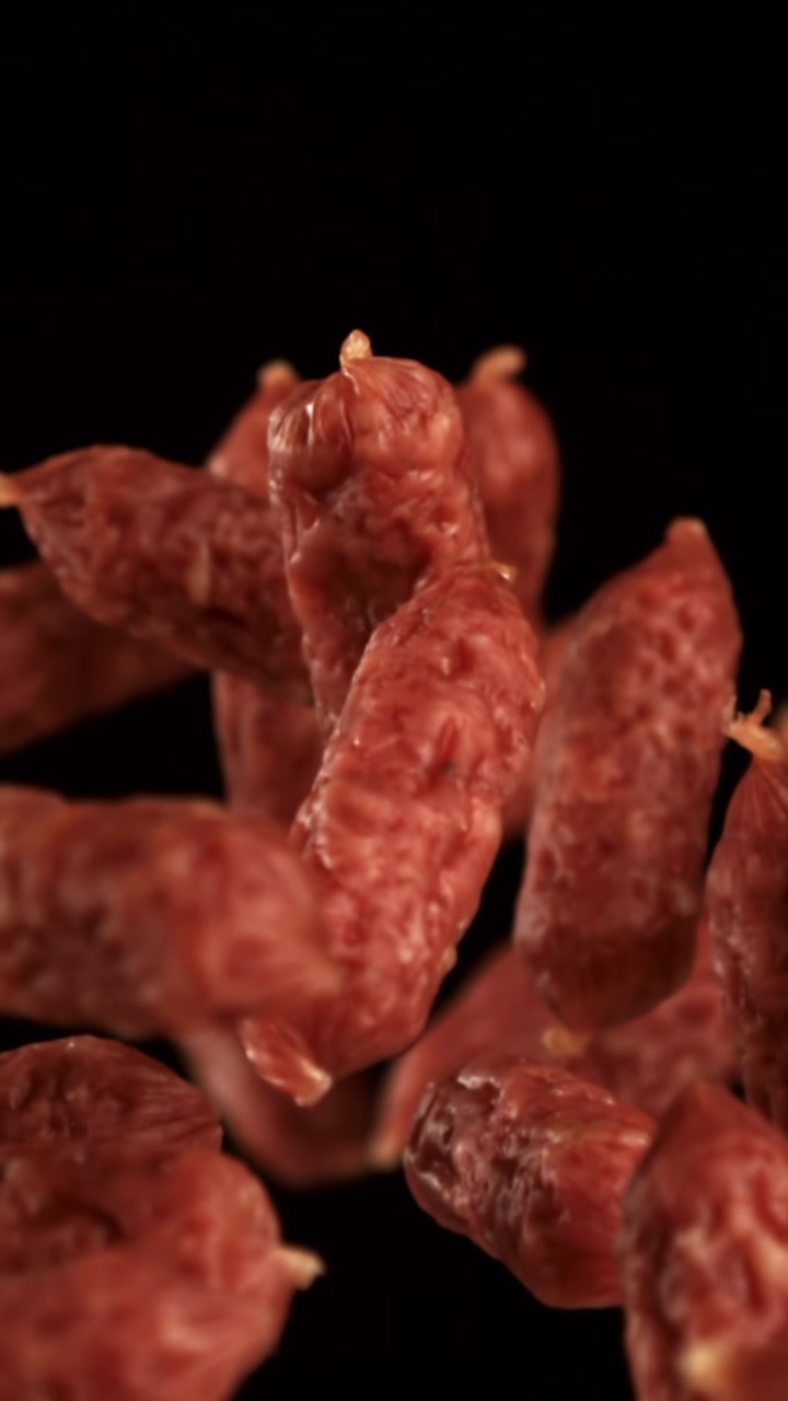 Primo piano di mini salami che cadono su sfondo nero