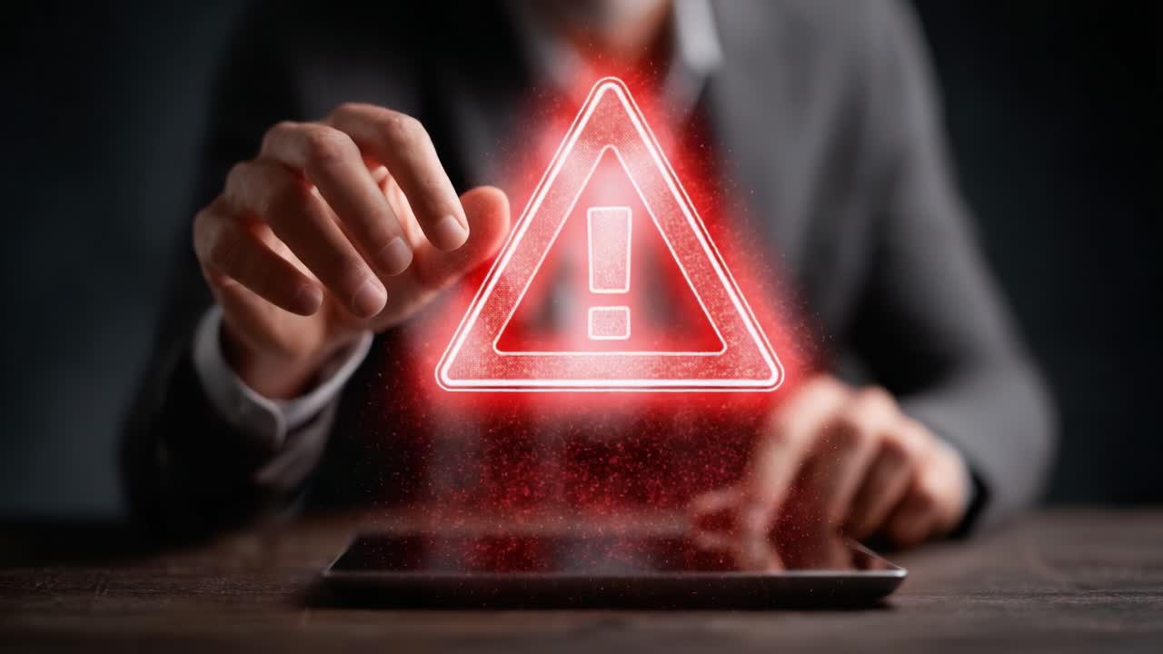 A focused businessman interacts with a holographic warning sign on a tablet, emphasizing the importance of caution and awareness in the digital age and professional environment