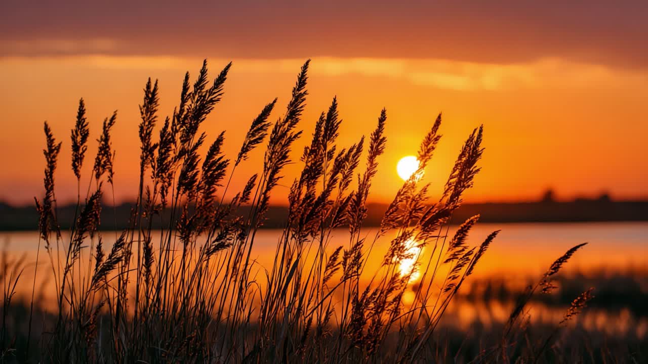 Upea näkymä kultaisesta ruohosta siluettina eloisaa auringonlaskua vasten tyynen vesistön yllä, vangiten luonnon tyyneyden ja kauneuden olemuksen.