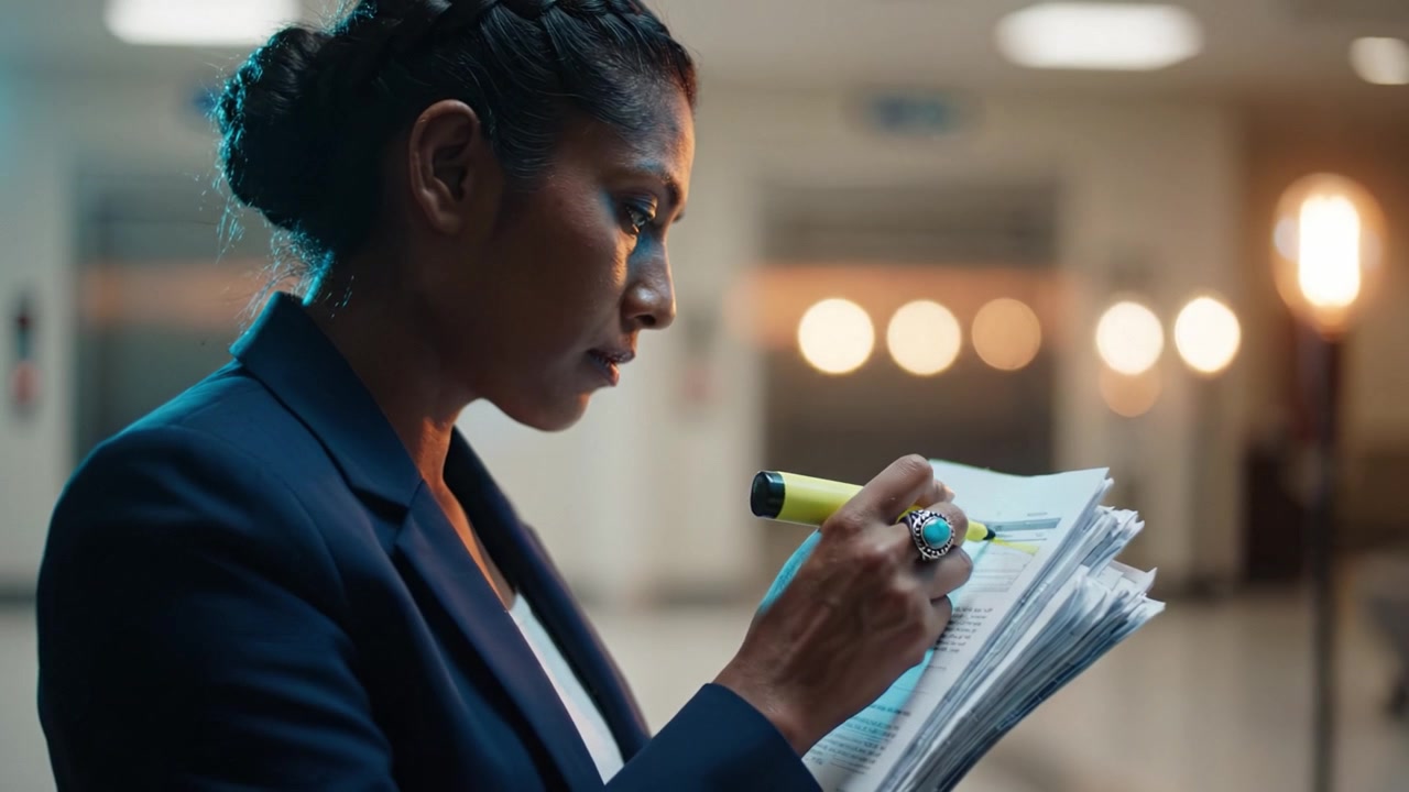 Focused professional reviewing documents with a highlighter, displaying concentration and attention to detail in a well-lit office environment.