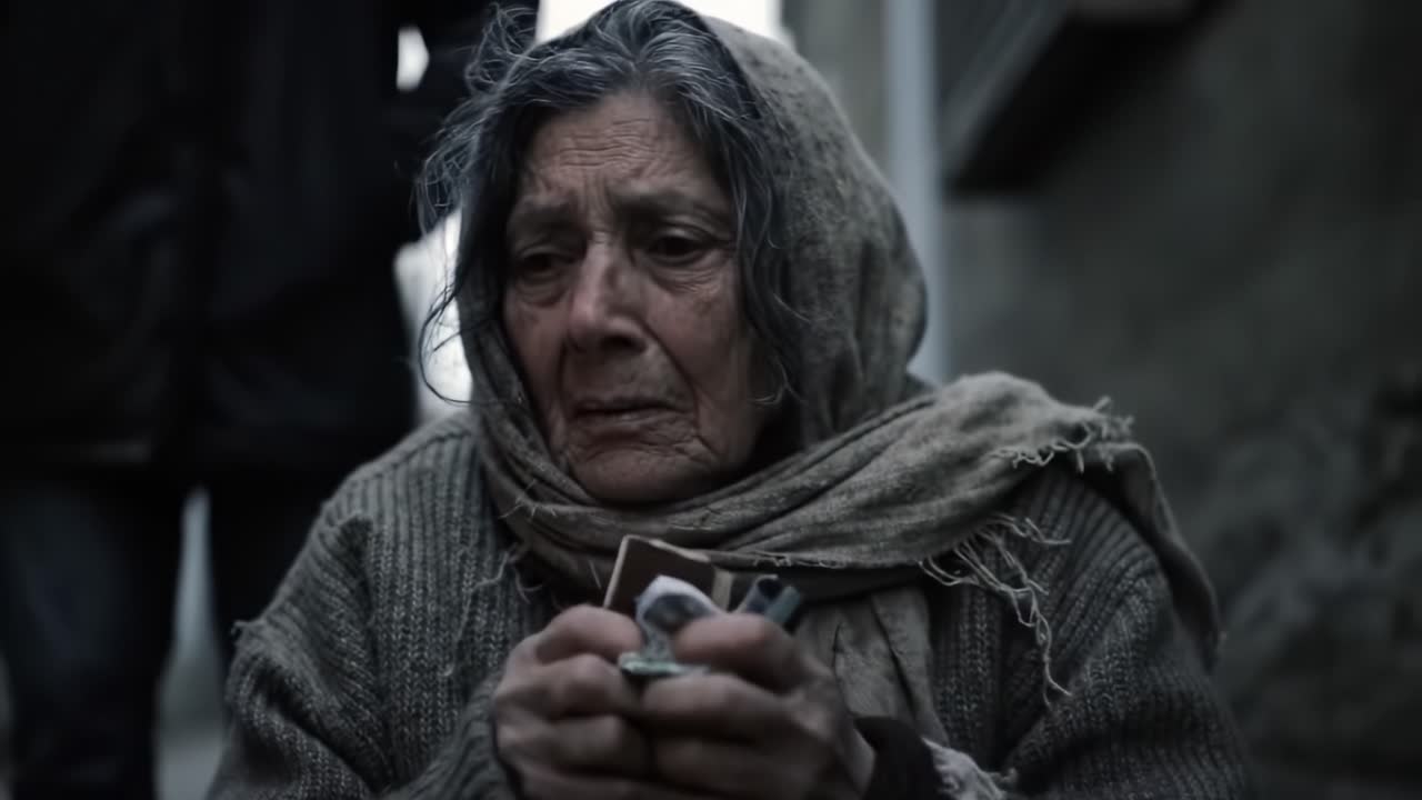 An elderly woman wrapped in layers of worn clothing stands in a narrow street, clutching a small bundle tightly.