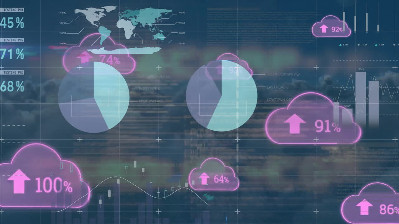 animación del procesamiento de datos financieros y nubes con porcentaje sobre fondo oscuro