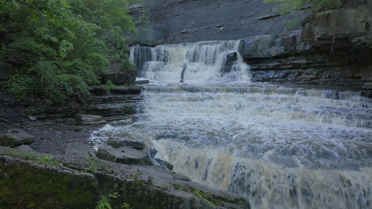 Waterfall flowing over rocks in Rockway Falls, Ontario, surrounded by lush greenery