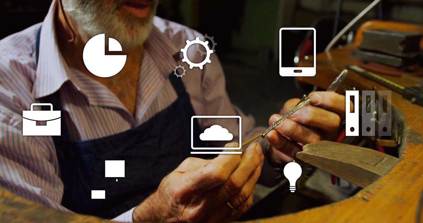 Senior craftsman adjusting chain on bench while pulsing icons highlighting business tech fusion