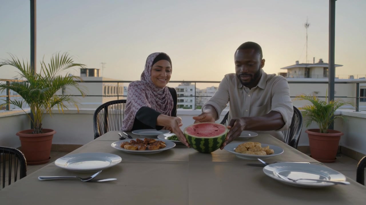 Reaching woman in hijab and man in shirt shifting half watermelon toward center for rooftop dinner