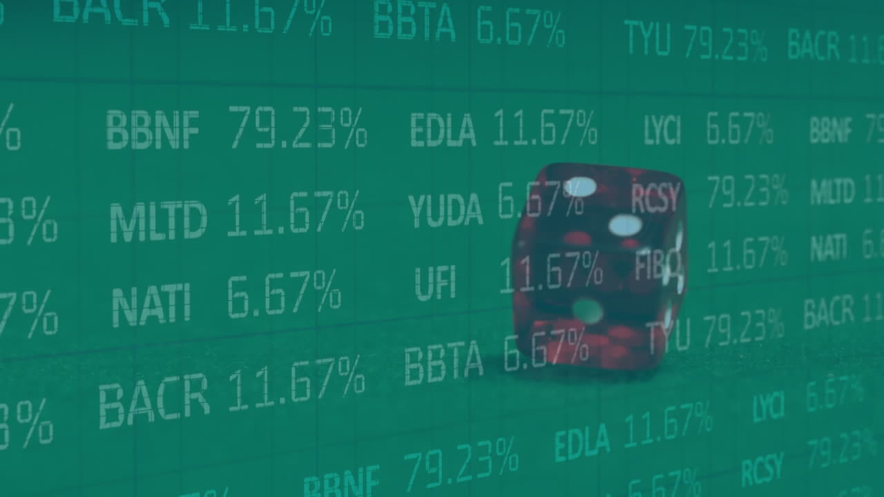 animación del procesamiento de datos financieros sobre dos dados que caen sobre un fondo verde