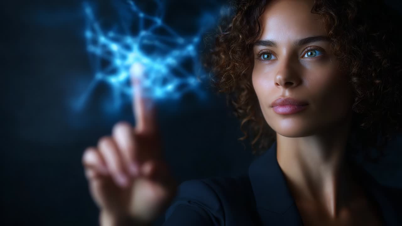 A woman with curly hair and striking blue eyes interacts with a vivid blue energy representation, showcasing a blend of technology and human connection in a modern, digital environment. Her focus captivates as she reaches out, symbolizing innovation and empowerment