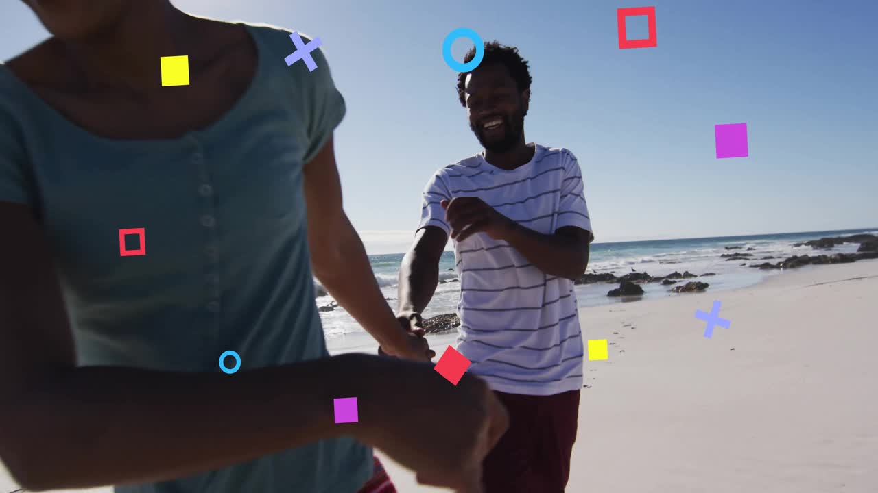 lifestyle showing couple walking as camera zooming sparking shapes jogging holding hands to camera