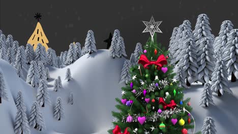 animación del árbol de navidad con decoraciones sobre la nieve que cae y el paisaje de invierno