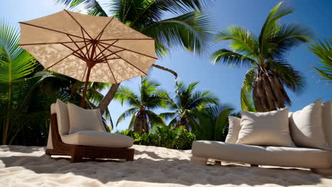 tropical beach lounge area with palm trees and white sand