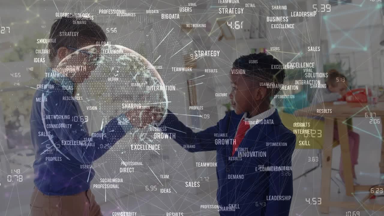 Animazione di un globo di connessioni di rete con icone digitali che ruotano sopra il testo