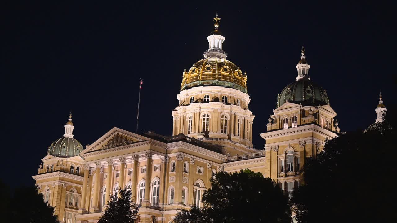 Iowa state capital east wing view at night