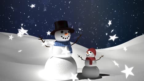 snow falling and snowmen on blue background