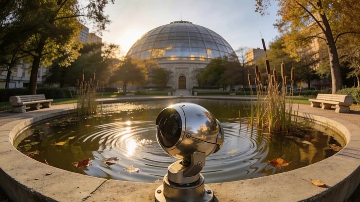 Splendente di luce solare dorata, una sfera di metallo lucido che ruota su un piedistallo presso uno stagno del parco, riflettendo una cupola.
