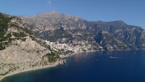 Amalfi-Coast,-DJI-Drone,-Beach,-City,-Mountains-and-Boats