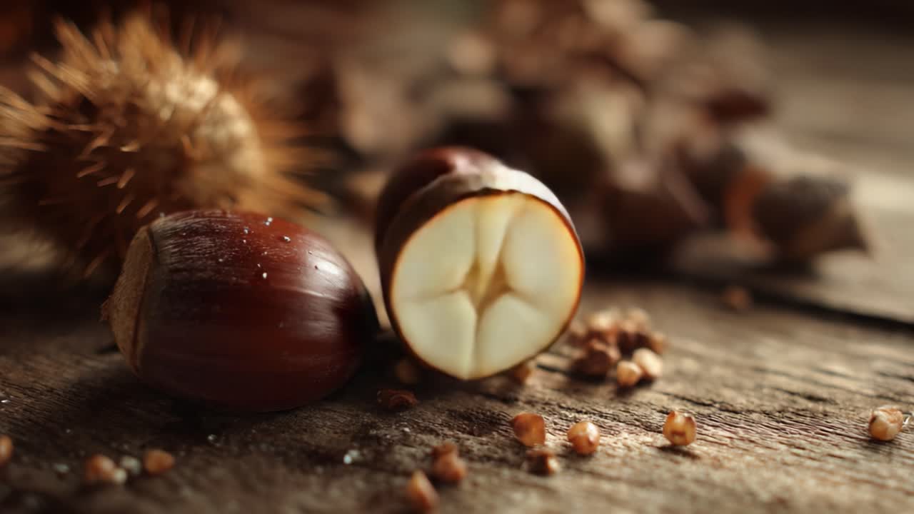 Exploring the Intricate Details of Chestnuts: A Close-Up View of Whole and Halved Nuts on a Rustic Wooden Surface, Showcasing Texture and Natural Beauty
