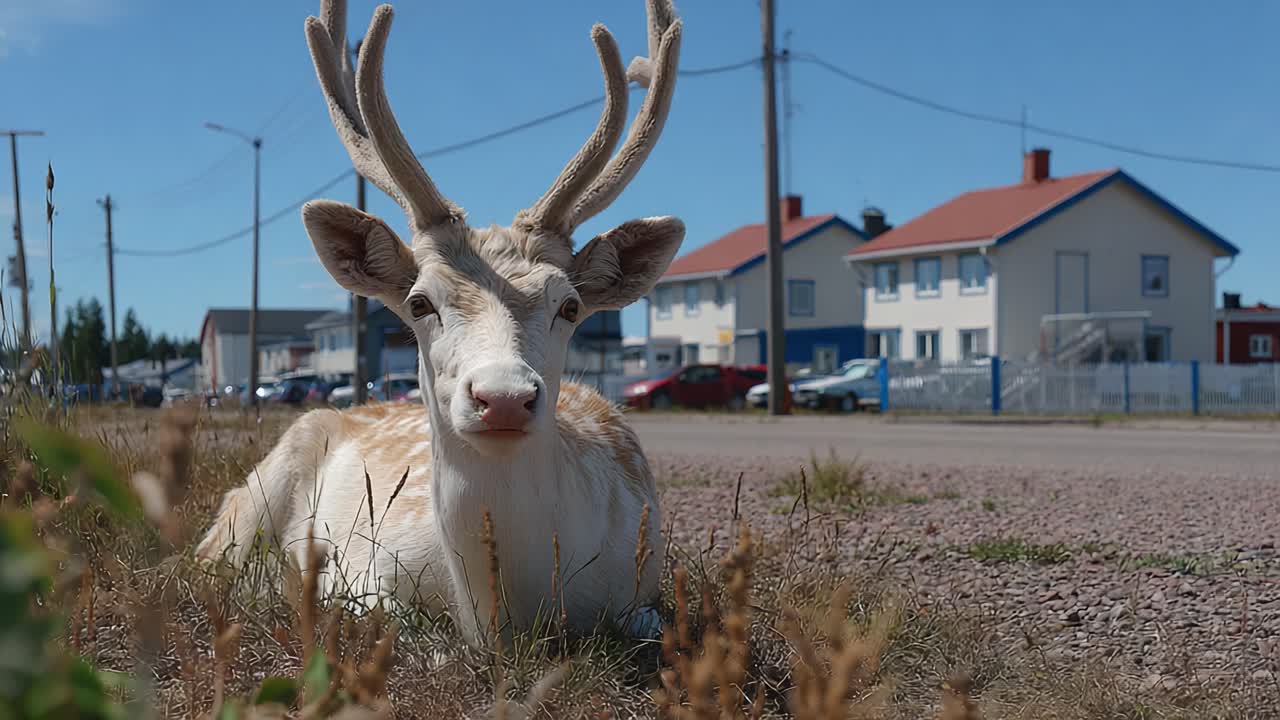 Ett lugnt vitt renslappnar av vid vägkanten mitt i en pittoresk stadsmiljö med hus i bakgrunden en ljus och solig dag