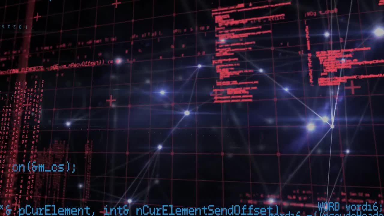 Animation of network of connections with glowing spots and data processing