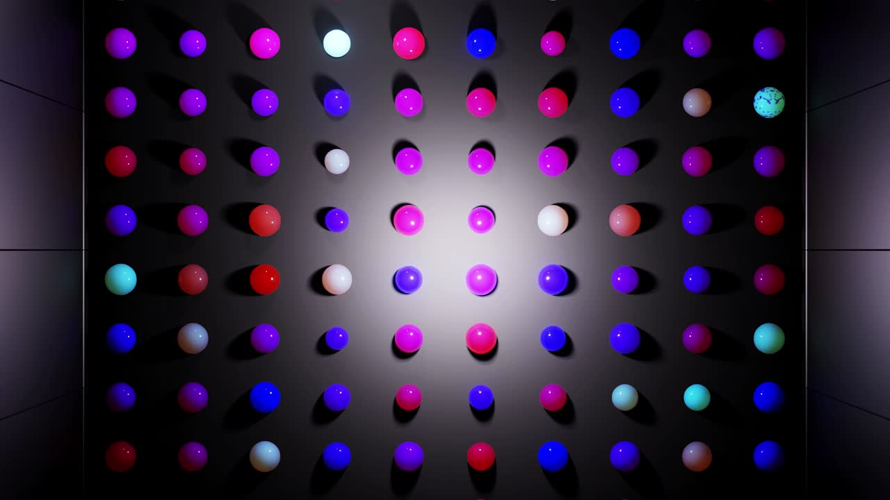 composición abstracta de bolas de colores en el plano, que se iluminan al azar y se reflejan entre sí. esferas multicolores como leds como simple fondo oscuro geométrico con efectos de luz.