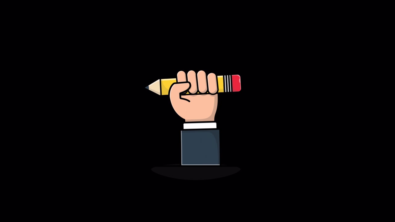 Mano animata in stile cartone animato che tiene una matita su sfondo nero