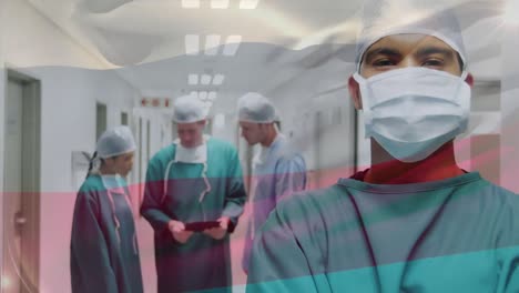 animation of flag of russia waving over surgeons in operating theatre