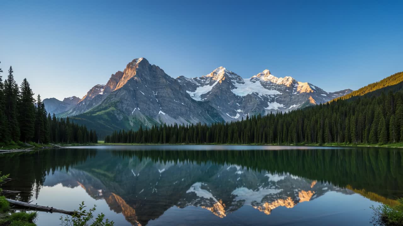 A Serene Mountain Landscape Reflected in a Tranquil Lake Under a Clear Blue Sky, Capturing the Beauty of Nature's Majestic Scenery