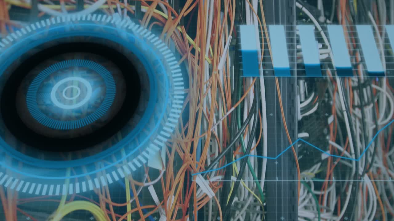 Animation of round scanner and data processing over close up of a computer server